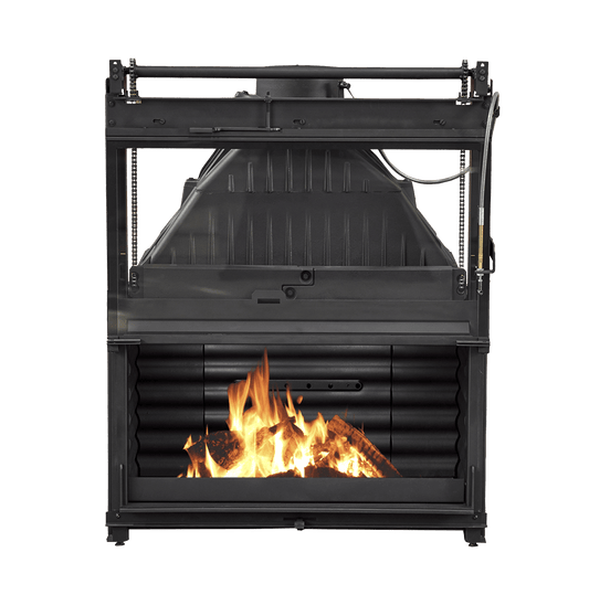Cheminees Philippe 1001E wood fireplace with dual opening door, primary air spigot, ideal for tightly sealed homes, heats up to 280 sqm
