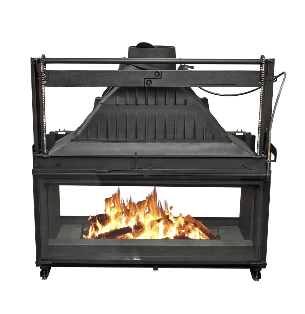 Cheminees Philippe 1200DF wood fireplace with dual opening door, designed to heat up to 300 sqm.