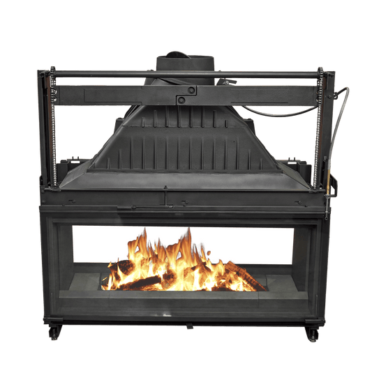 Cheminees Philippe 1200DF wood fireplace with dual opening door, designed to heat up to 300 sqm.