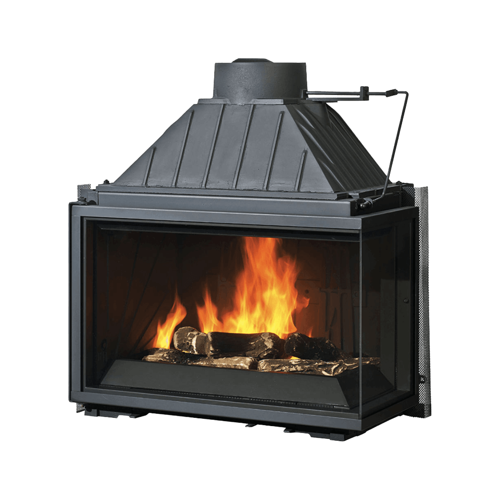 Cheminees Philippe 747-2VSRFD/FG corner wood fireplace with swing door, LHS glass FD, RHS glass FG, heats up to 280 sqm