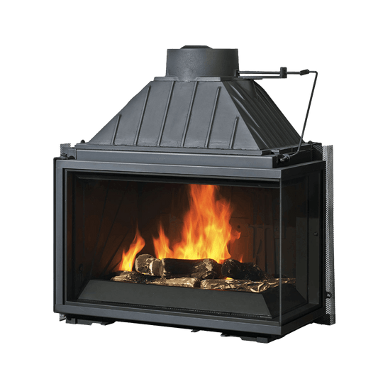 Cheminees Philippe 747-2VSRFD/FG corner wood fireplace with swing door, LHS glass FD, RHS glass FG, heats up to 280 sqm