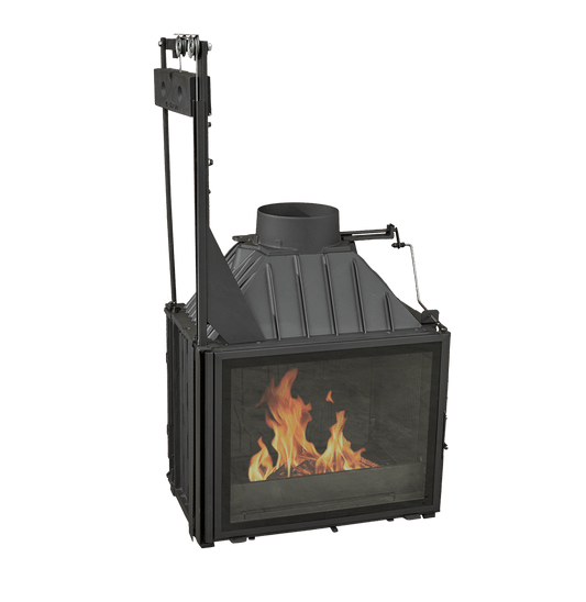 Cheminees Philippe 747 wood fireplace with dual opening door, designed to heat up to 280 sqm, featuring modern black finish.