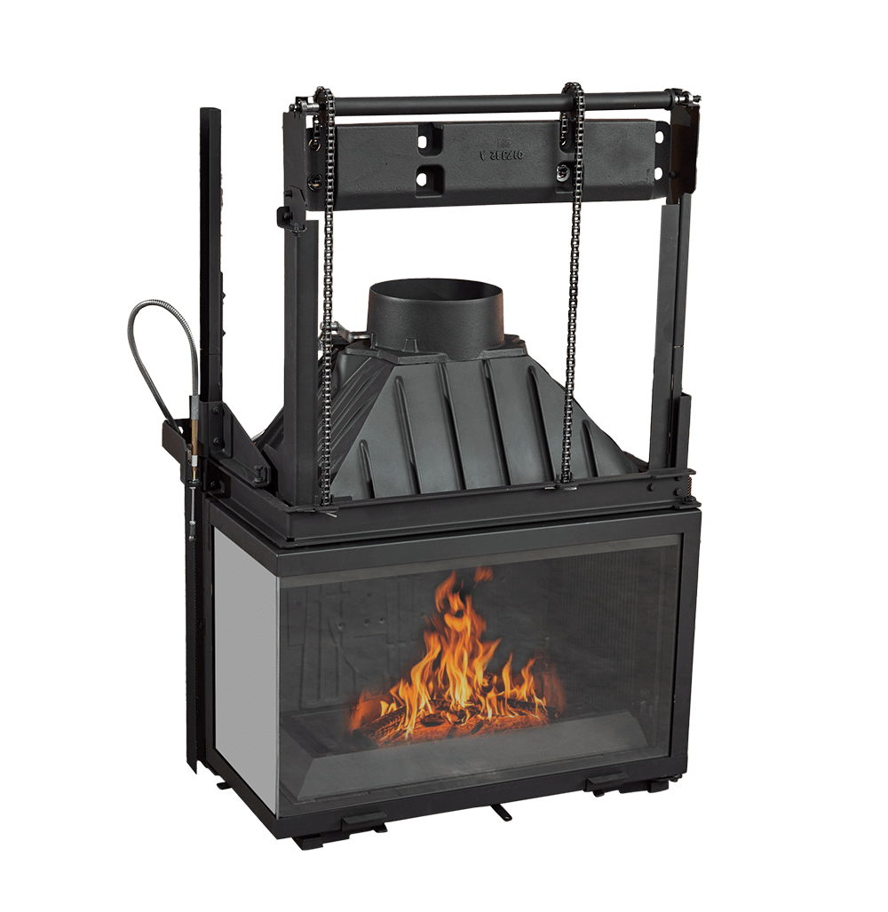 Cheminees Philippe 747-2VPRFD/FG wood fireplace with dual opening corner door, LHS and RHS glass panels, heats up to 280 sqm.
