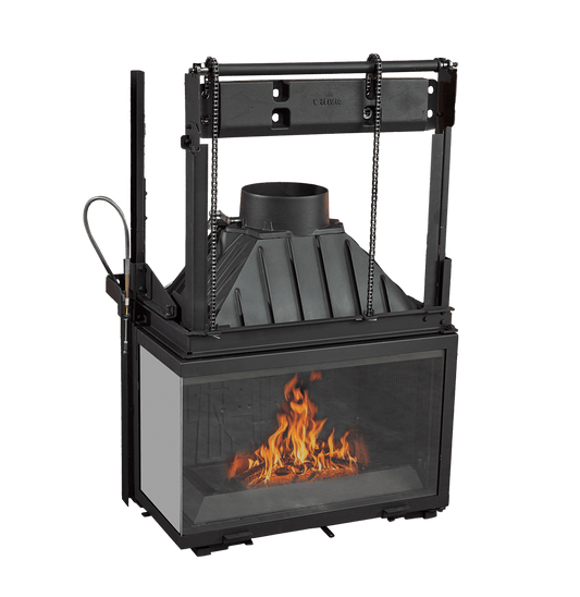 Cheminees Philippe 747-2VPRFD/FG wood fireplace with dual opening corner door, LHS and RHS glass panels, heats up to 280 sqm.