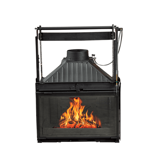 Cheminees Philippe 844 wood fireplace with dual opening door, designed to heat up to 340 sqm, showcasing modern fireplace design.