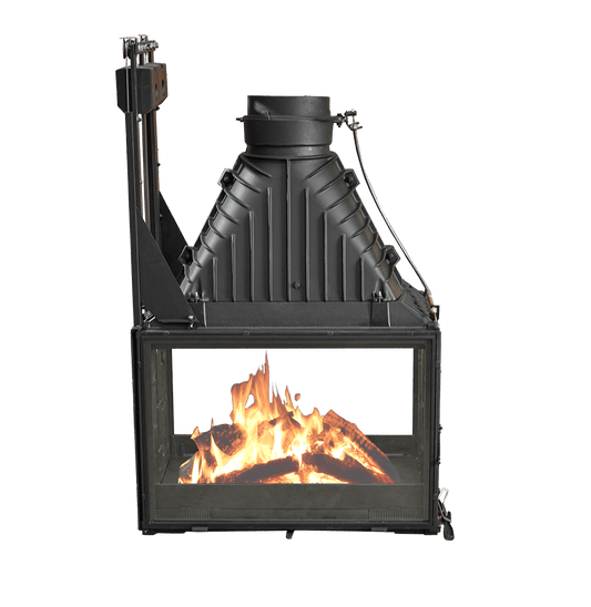 Cheminees Philippe Radiante 846-2V wood fireplace with dual opening doors, heats up to 300 sqm, black metal design