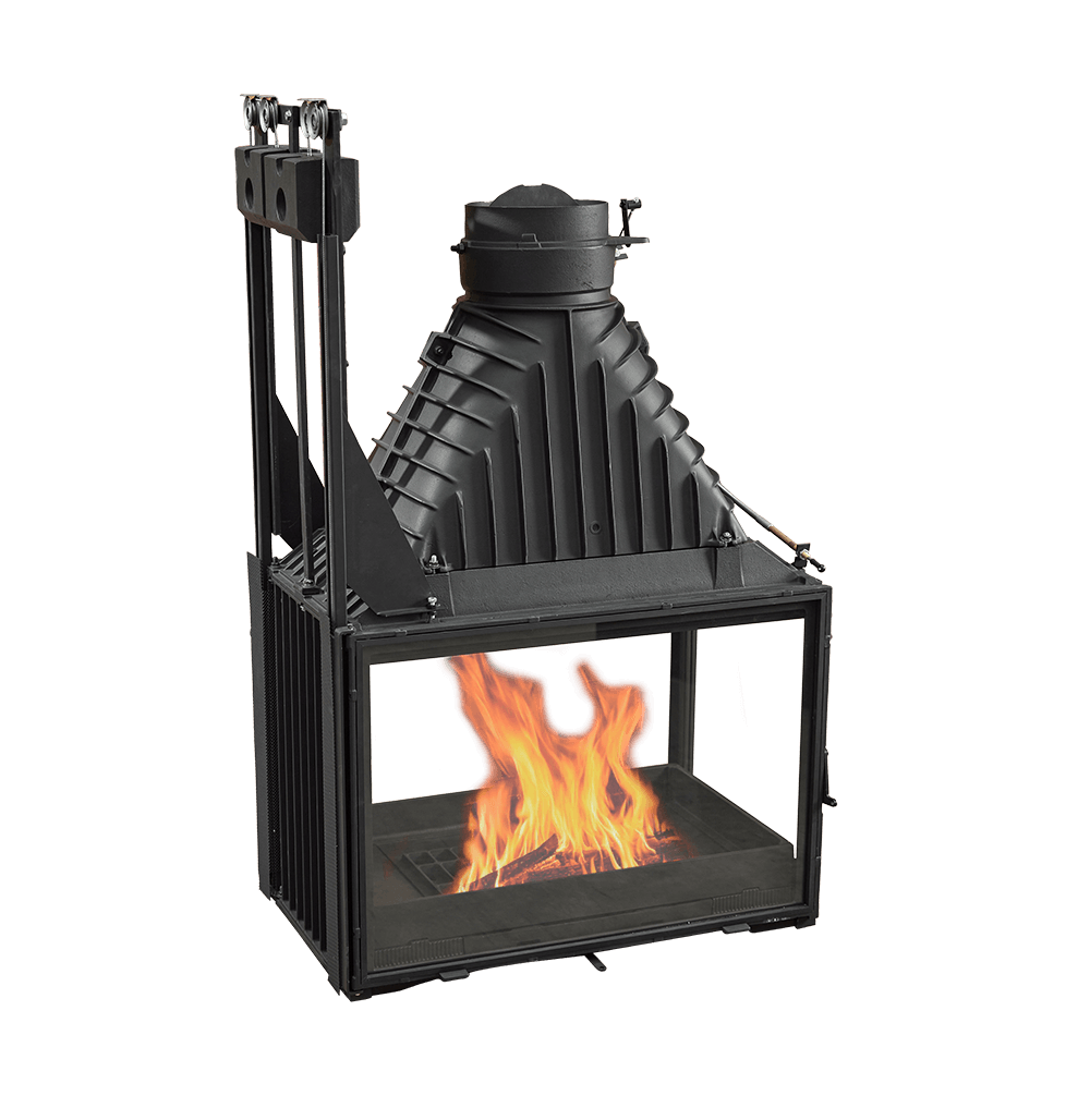 Cheminees Philippe 846-3V wood fireplace with dual-opening doors and cast iron back plate, heats up to 350 sqm.