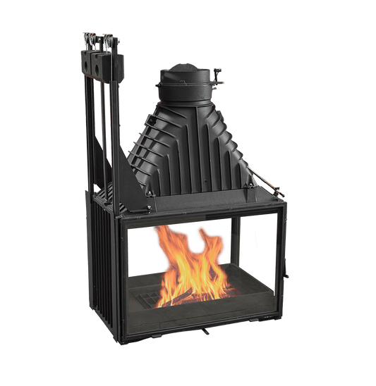 Cheminees Philippe 846-3V wood fireplace with dual-opening doors and cast iron back plate, heats up to 350 sqm.