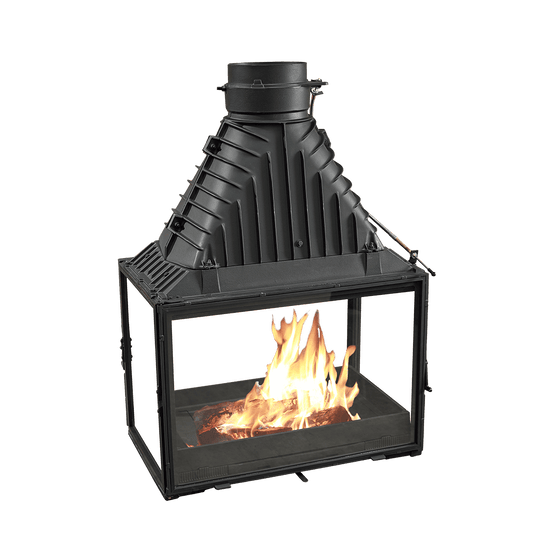 Cheminees Philippe 846-4V wood fireplace with swing-opening doors on two sides, heats up to 300 sqm, modern design.