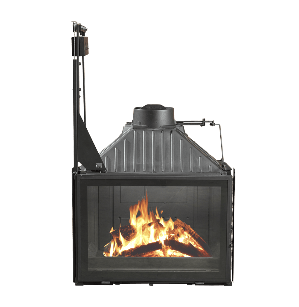 Cheminees Philippe 873 wood fireplace with dual opening door, designed to heat up to 340 sqm, showcasing modern fireplace design.