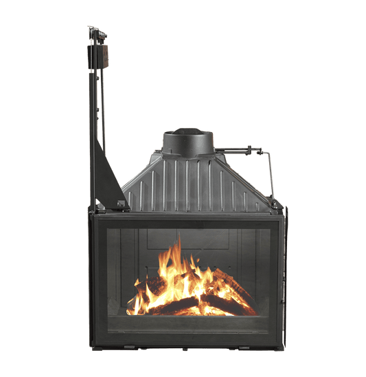 Cheminees Philippe 873 wood fireplace with dual opening door, designed to heat up to 340 sqm, showcasing modern fireplace design.