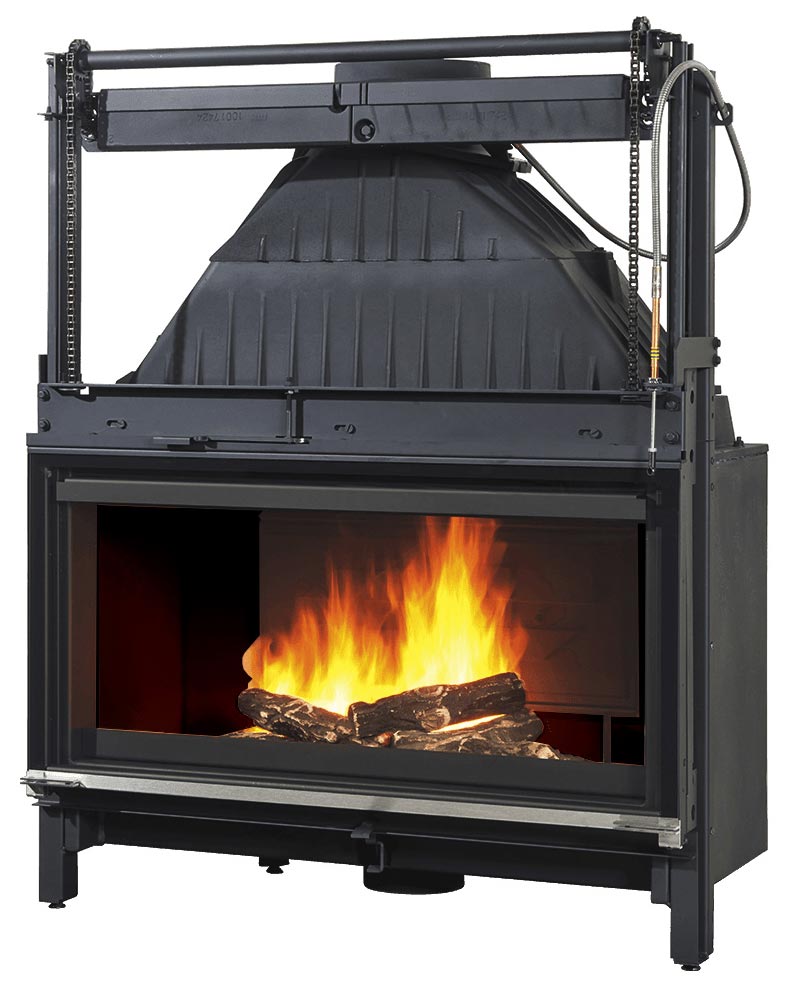 Cheminees Philippe 1001 wood fireplace with dual opening door, designed to heat up to 280 sqm, modern and stylish heating solution.
