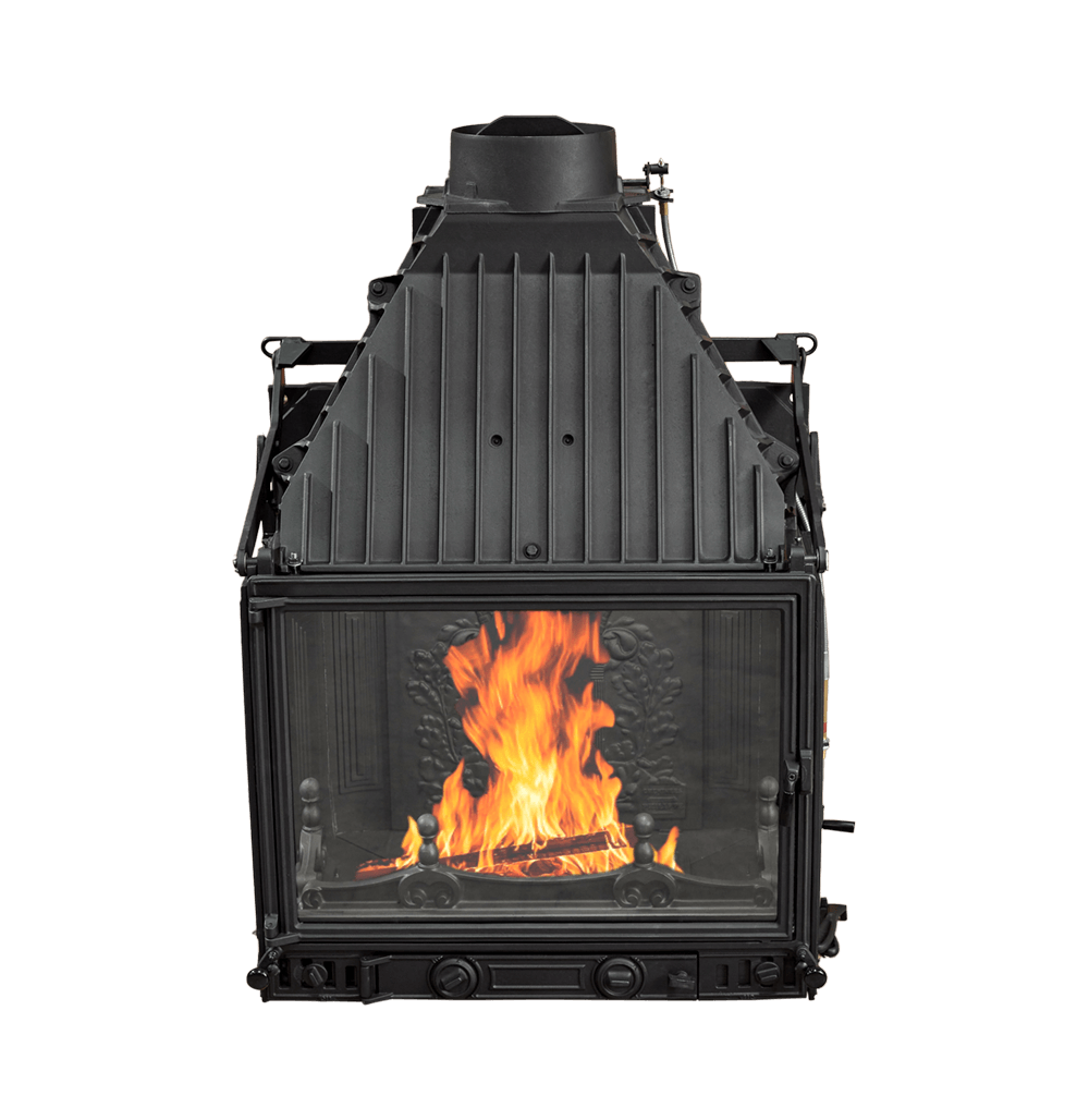 Cheminees Philippe 700-3V wood fireplace with dual opening door, designed to heat up to 300 sqm, shown in image.