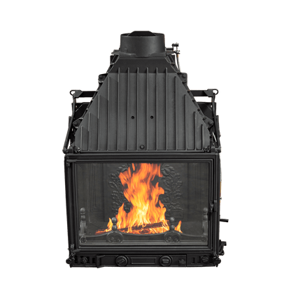Cheminees Philippe 700-3V wood fireplace with dual opening door, designed to heat up to 300 sqm, shown in image.