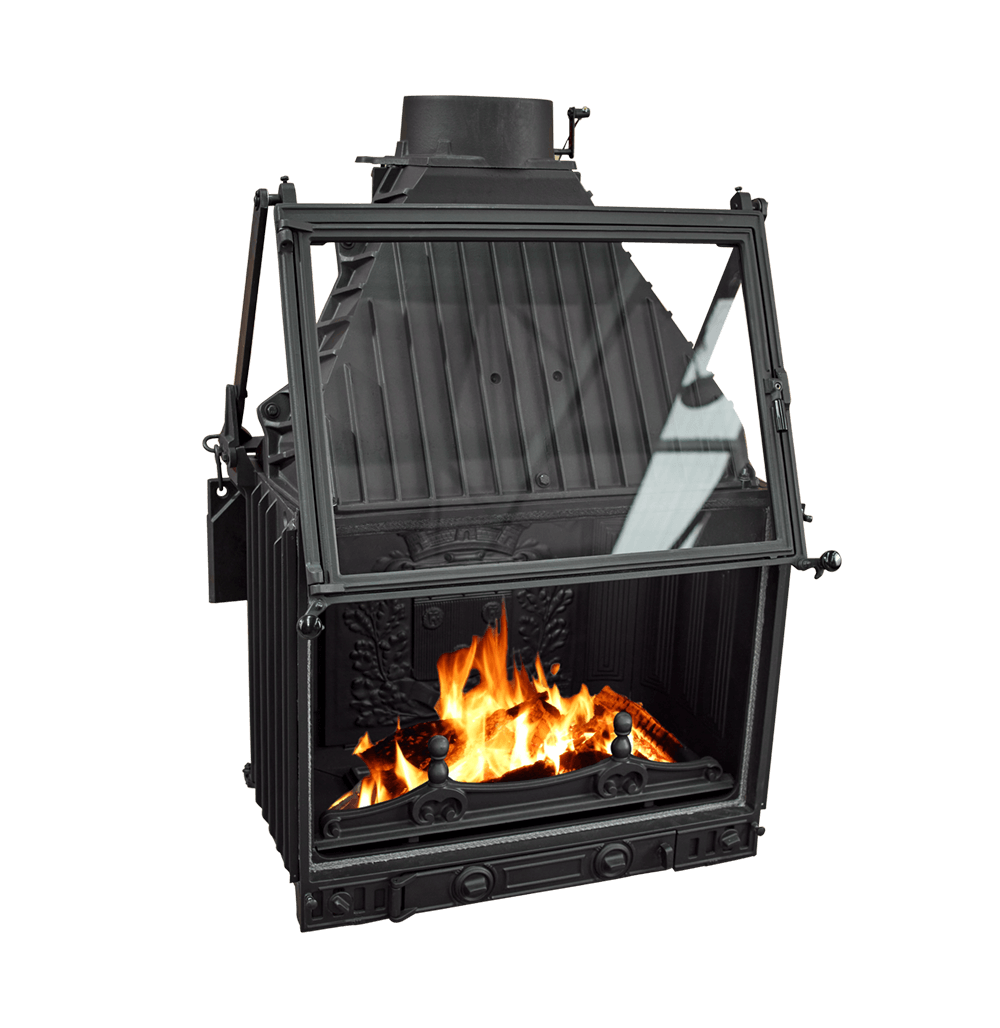 Cheminees Philippe 700 dual-opening wood fireplace with glass doors, heats up to 300 sqm, modern and efficient heating solution.