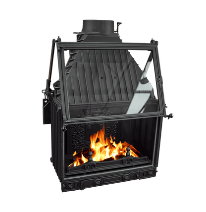 Cheminees Philippe 700-3V wood fireplace with dual opening door, heats up to 300 sqm, modern design, black metal finish