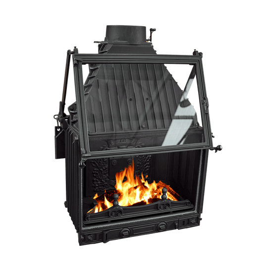 Cheminees Philippe 700-3V wood fireplace with dual opening door, heats up to 300 sqm, modern design, black metal finish