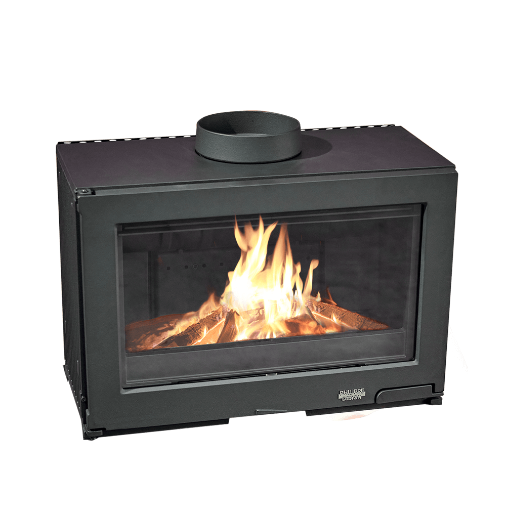 Cast iron Cheminees Philippe Clair fireplace with swing door, designed for wood burning, heats up to 150 sqm.