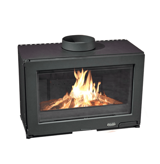 Cast iron Cheminees Philippe Clair fireplace with swing door, designed for wood burning, heats up to 150 sqm.