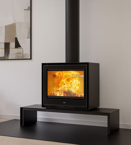 Clare Castworks Clare 80S Q freestanding wood fireplace with modern design and sleek black finish.