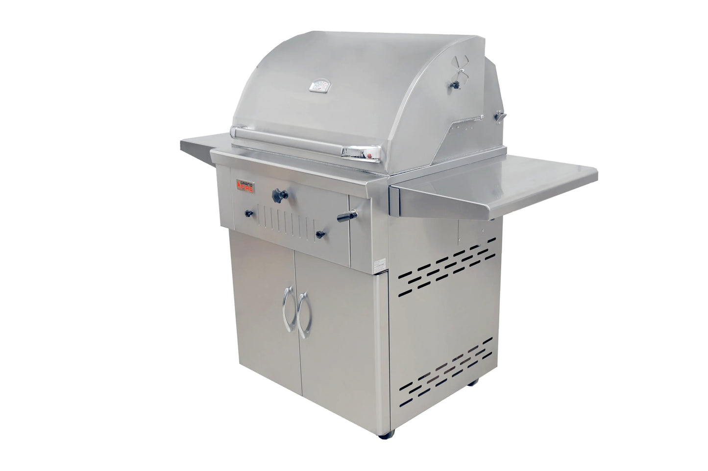 Grandfire Deluxe Profile 30 Stainless Steel Charcoal Grill on SS cart with two shelves