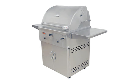 Grandfire Deluxe Profile 30 Stainless Steel Charcoal Grill on SS cart with two shelves