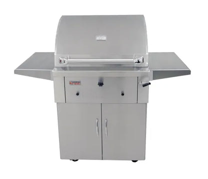 Grandfire Deluxe Profile 30 Stainless Steel Charcoal Grill on SS cart with two shelves
