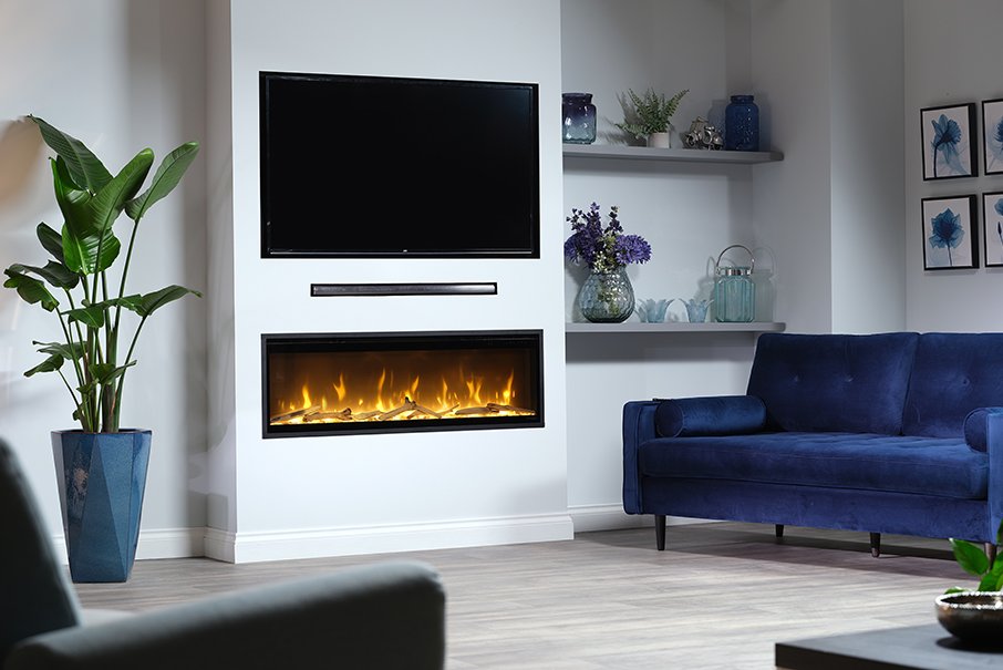 Electric fireplace by Real Flame, Ignite Evolve 1200 model with a modern design and realistic flame effect, shown in the image.