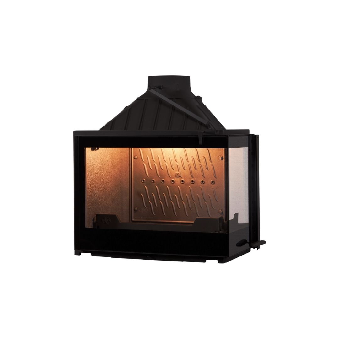 Seguin Europa 7 right glass wood fireplace in black finish with swing door, modern design for contemporary living spaces.