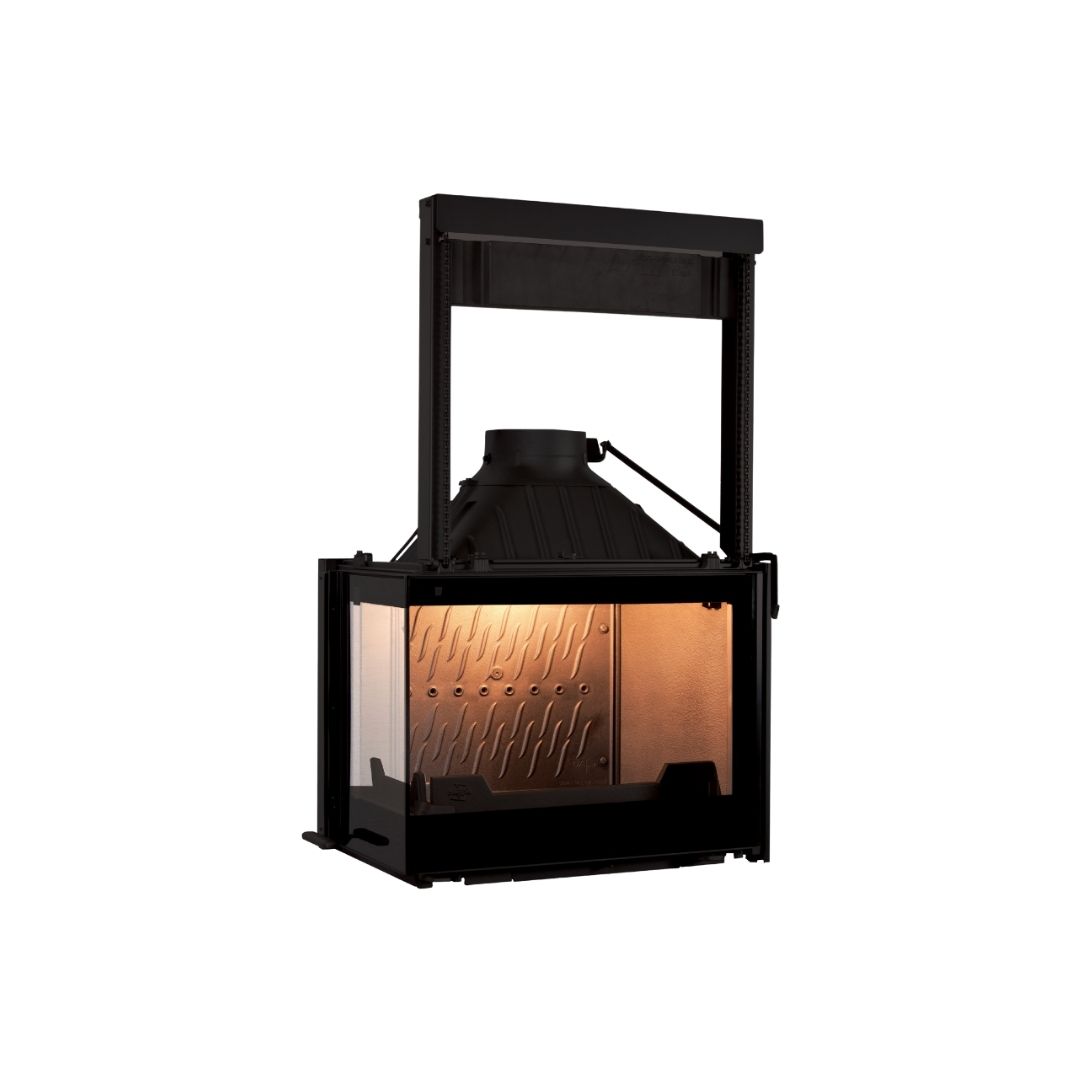 Seguin Europa 7 Left Glass Fireplace in black with lift door, wood-burning stove showcasing sleek modern design.