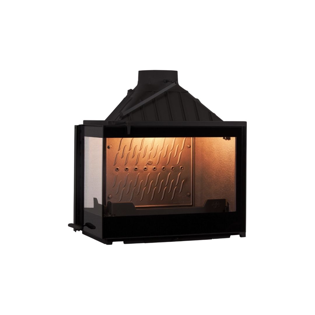 Seguin Europa 7 Left Glass Fireplace in black, wood-burning stove with sleek design and swinging glass door, modern heating solution