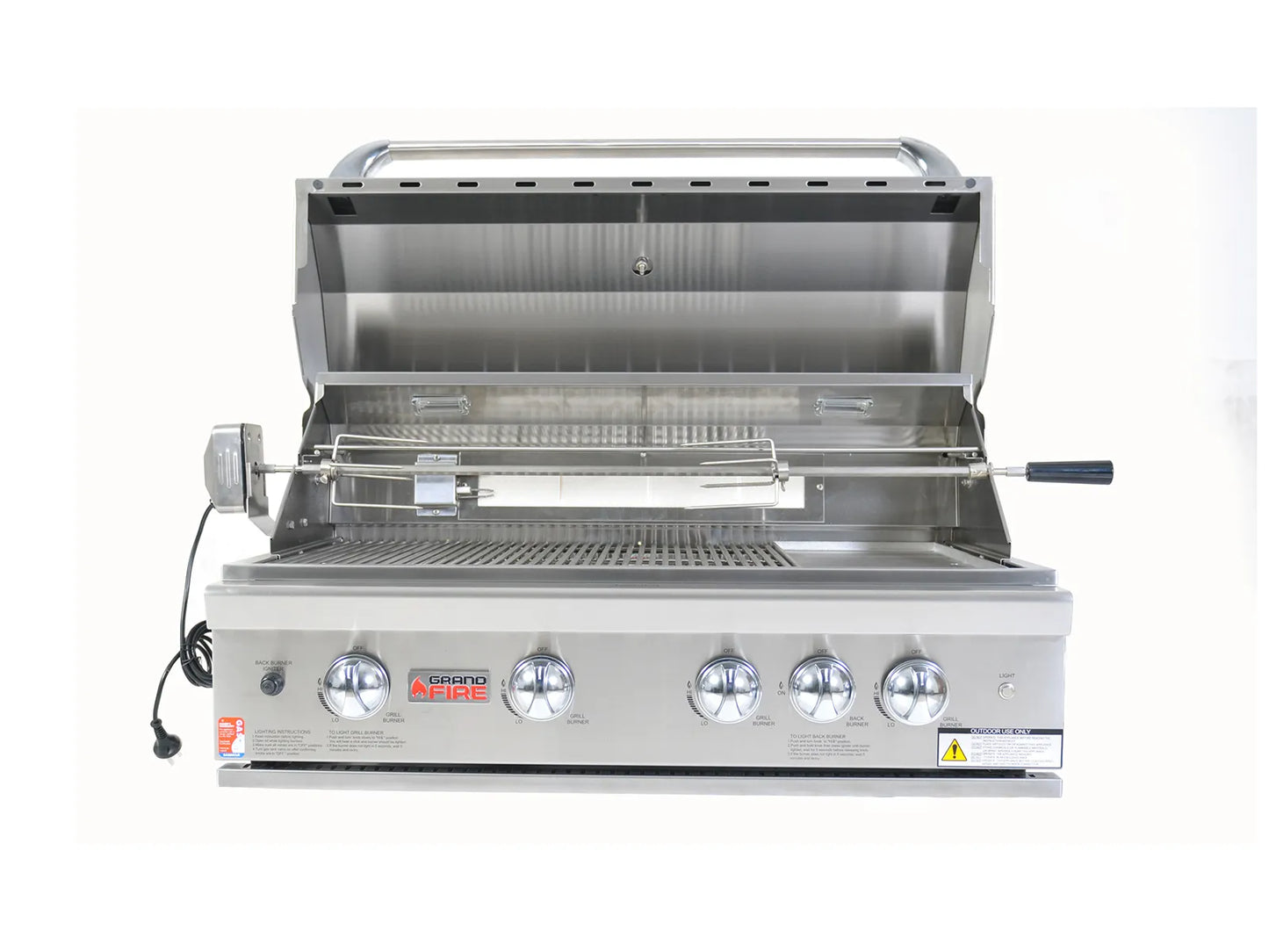 Grandfire Classic 38 in-built bbq head SS grills hotplate flame tamer halogen lights back burner Rotis kit
