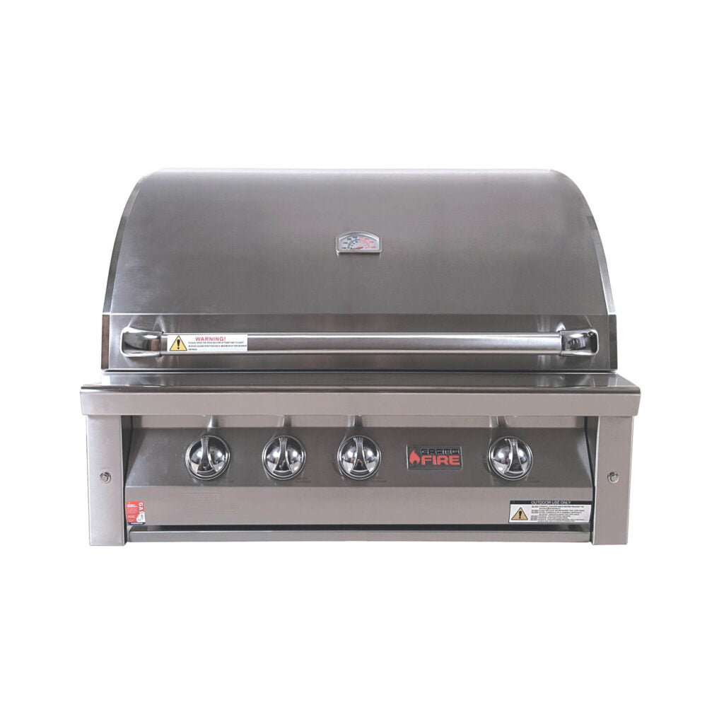 Grandfire Deluxe 36 In-built bbq head three standard main burners 2 xSS Grill 1 x hotplate briquette Burner cover double mounted halogen lights LED System Rists Kit is included-- LPG Model