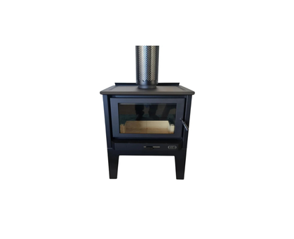 Kemlan Tempo Grand wood fireplace with freestanding legs, showcasing a sleek design and modern finish.