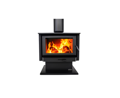 Kemlan Tempo Grand wood fireplace with freestanding pedestal, showcasing modern design and large open fire area.