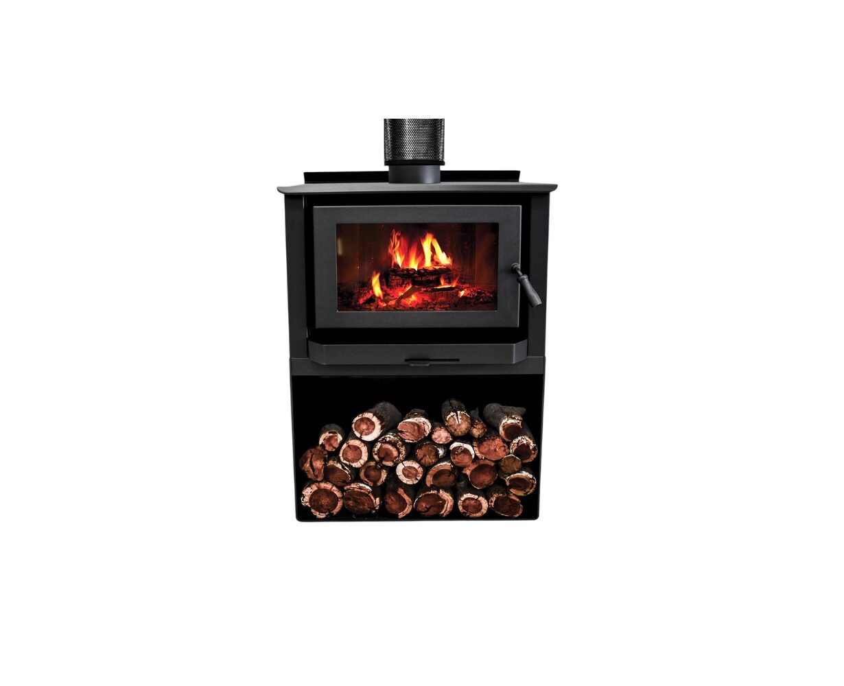 Kemlan Tempo Grand wood fireplace with Meridian pedestal base, showcasing a sleek freestanding design and modern aesthetic.