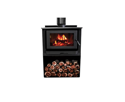 Kemlan Tempo Grand wood fireplace with Meridian pedestal base, showcasing a sleek freestanding design and modern aesthetic.