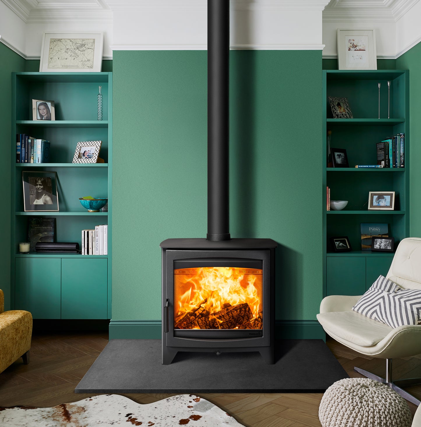 Hunter Stoves Parkray Aspect 14 Eco wood fireplace with black handle and standard legs, vertical flue visible in the image.