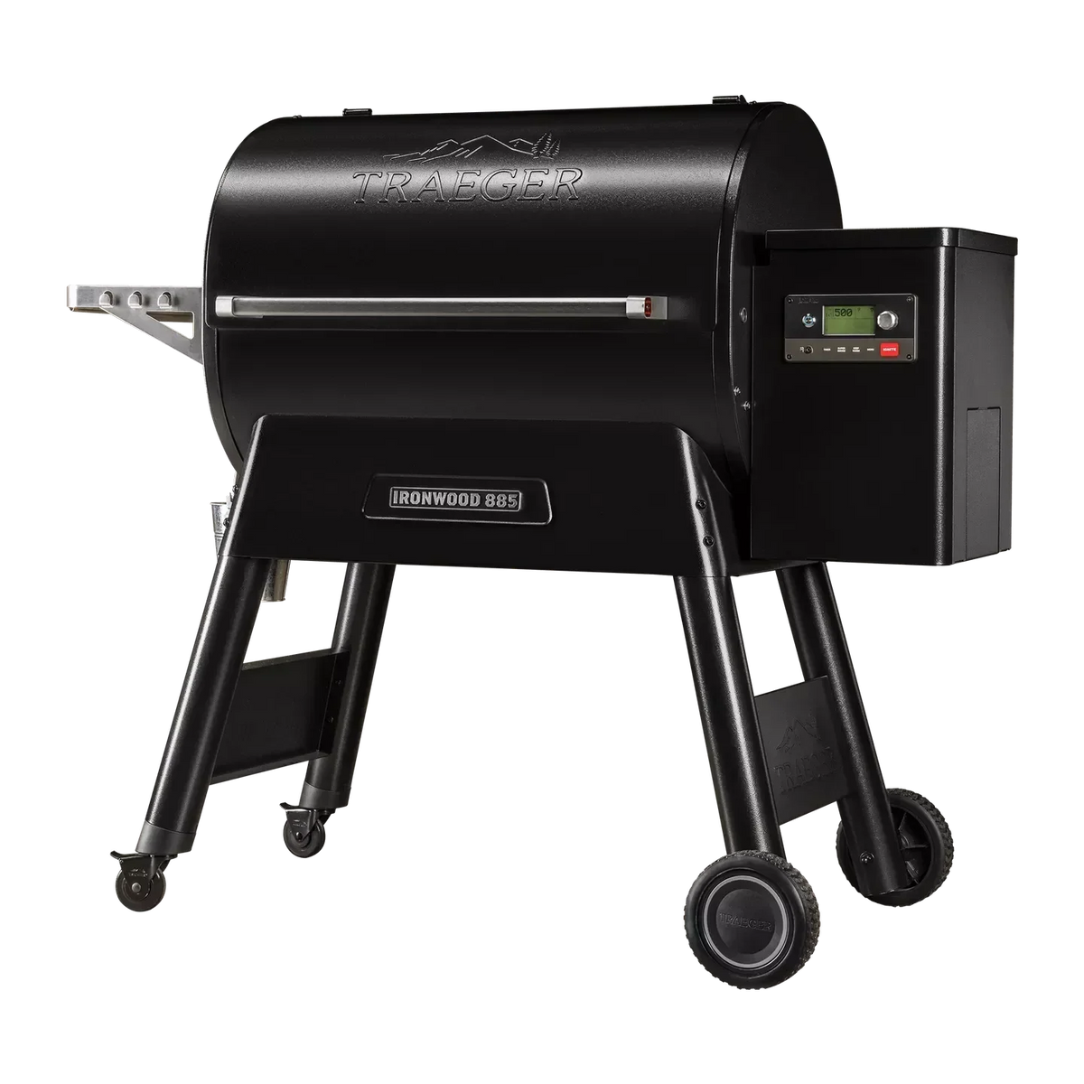 Pellet BBQ grill from Traeger Ironwood 885 series with angled view showcasing stainless steel construction and cooking lid.