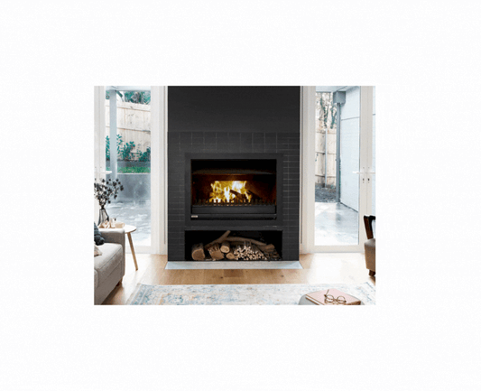 Wood fireplace from Jetmaster JETMASTER 500 model with instruction manual, featuring a modern design and brick interior.