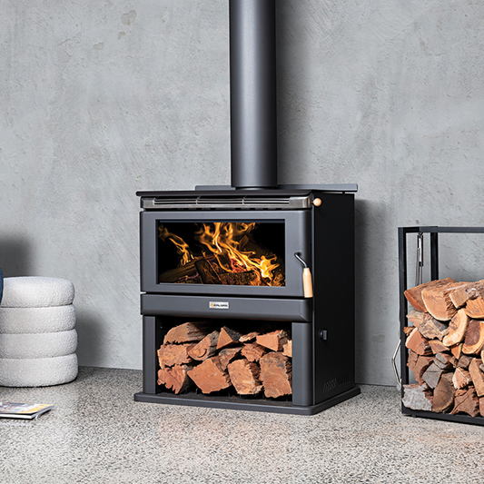 Kalora Woodstack 600BX fireplace insert with wooden exterior and metal handle, designed for efficient wood burning.