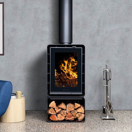 Kalora Urban Portrait wood fireplace with modern design, featuring a sleek black frame and glass front for contemporary home decor.