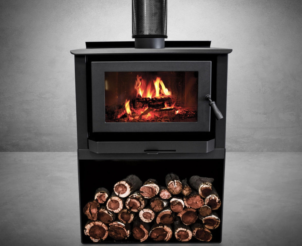 Kemlan TEMPO LE #3 wood fireplace with Meridian stack style, 6-inch height, showcasing sleek, modern design and wood-burning features.