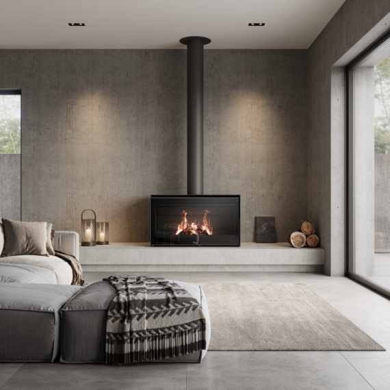 Lacunza Loire 1000 F/S wood fireplace with modern design, featuring a large glass front and sleek black finish.