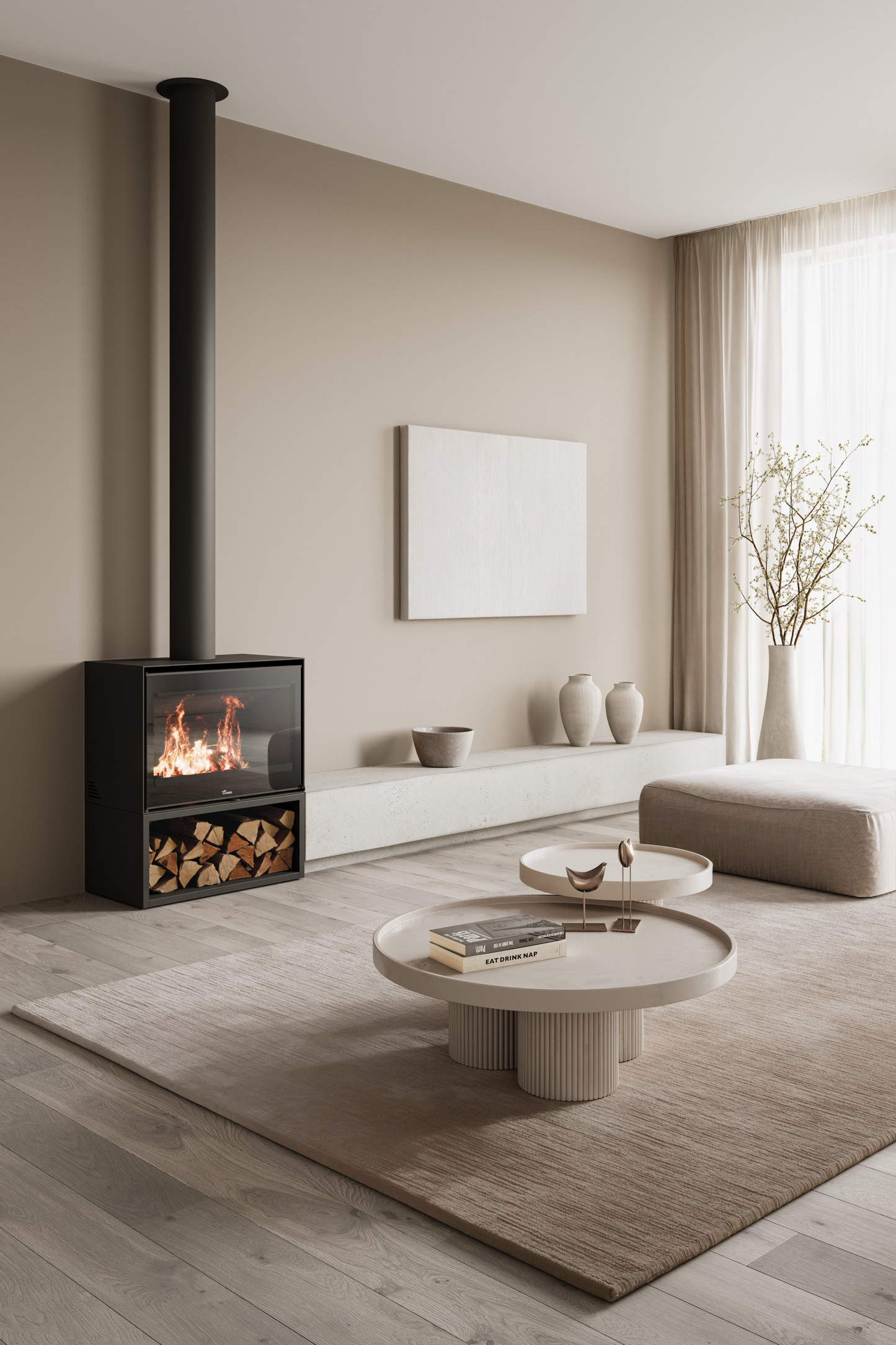 Lacunza Loire 800 F/S wood fireplace with glass doors and modern design, installed in a cozy living room setting.