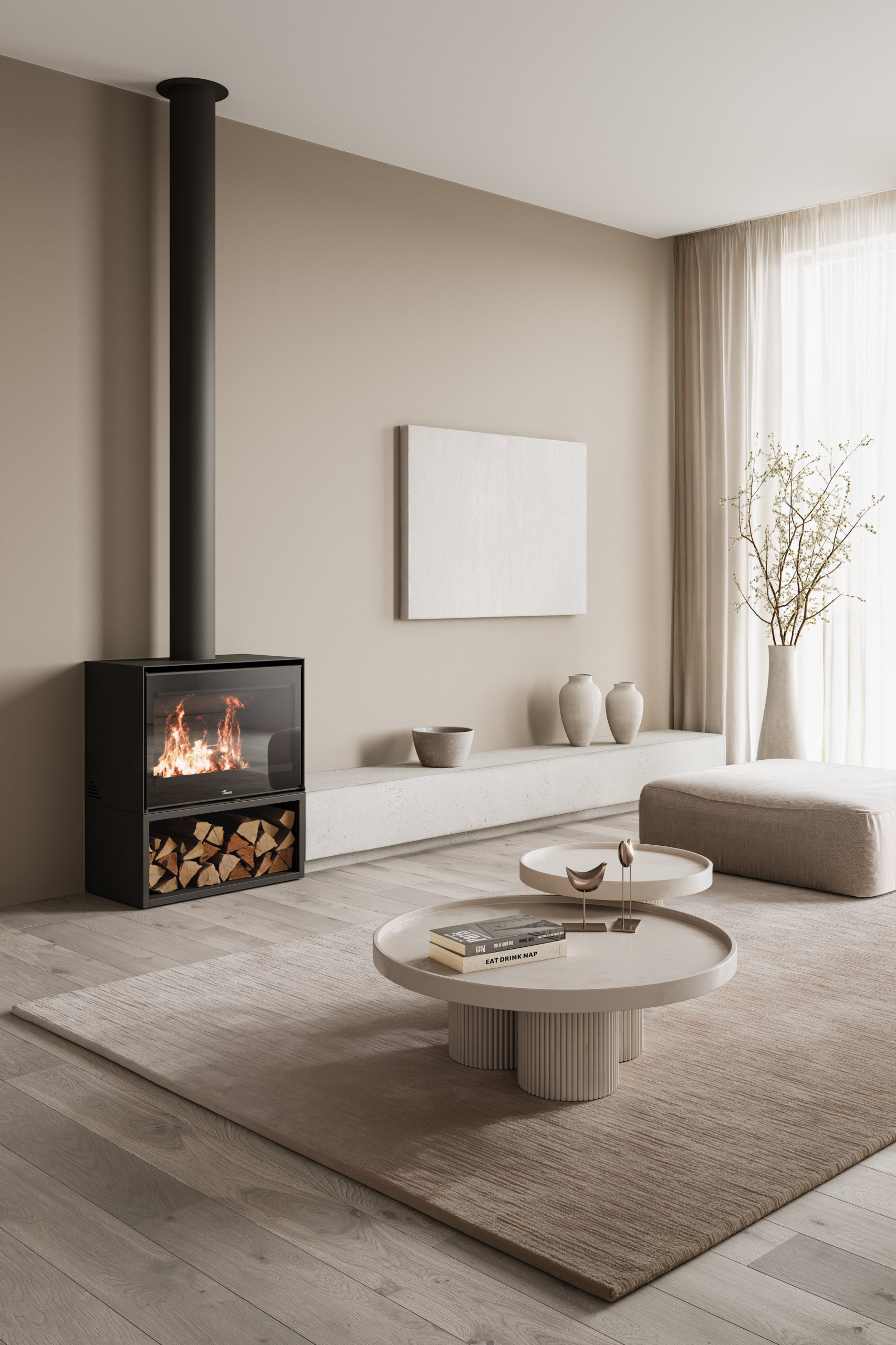 Lacunza Loire 800 F/S wood fireplace with glass doors and modern design, installed in a cozy living room setting.