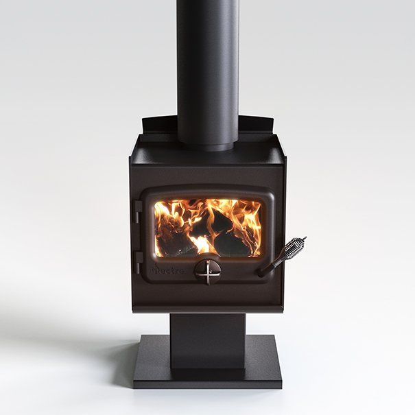 Nectre N15 wood fireplace with pedestal, showcasing its sleek design and sturdy base for home heating and ambiance.