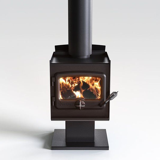 Nectre N15 wood fireplace with pedestal, showcasing its sleek design and sturdy base for home heating and ambiance.