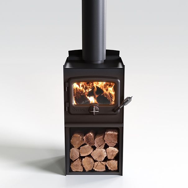 Nectre N15 wood-burning fireplace with a wood stacker for easy fuel storage and a cozy heating solution.