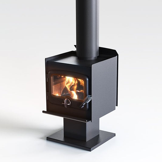 Nectre N15 wood fireplace with pedestal, showing a sleek black cast iron design and modern hearth setup.